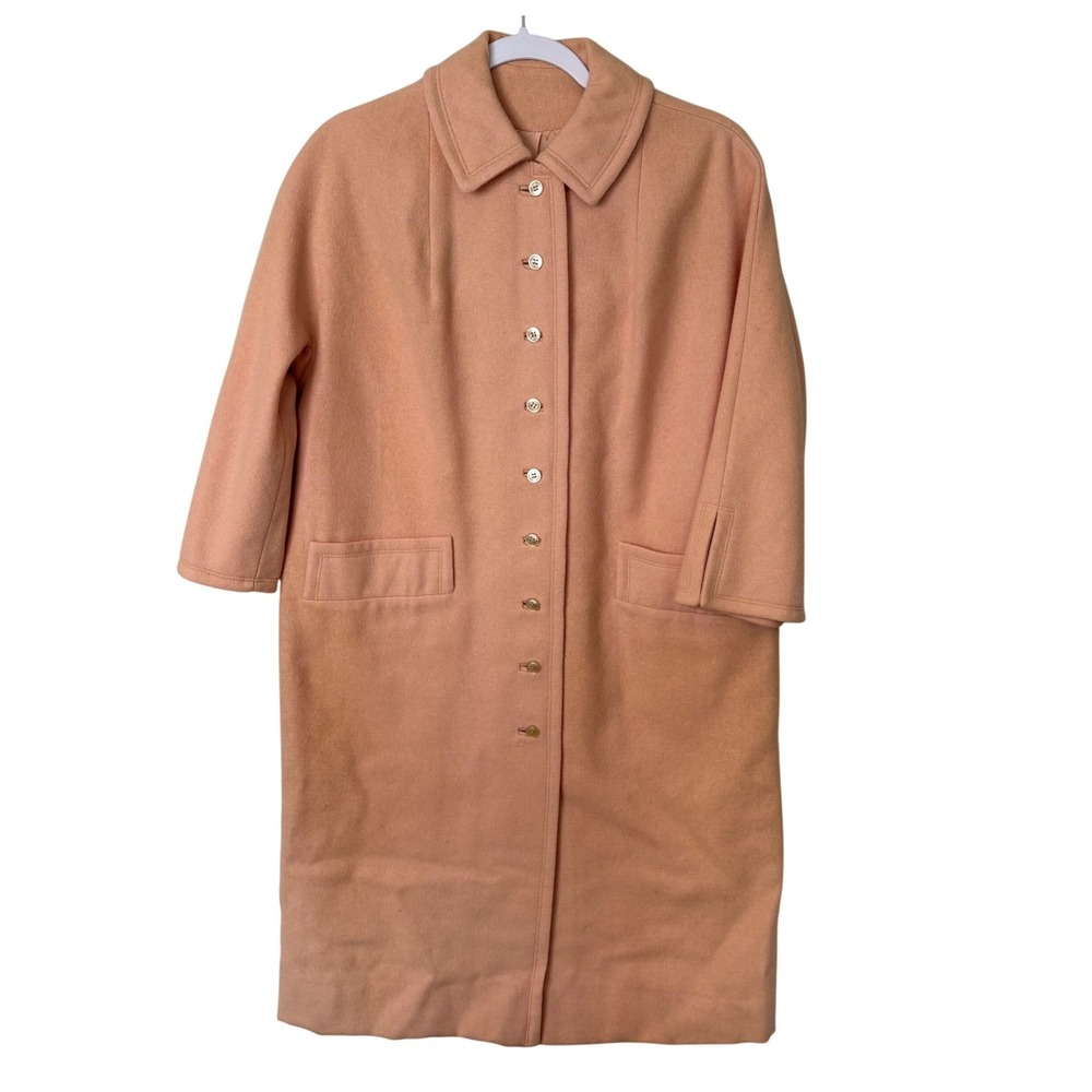Vtg 60s Dumas Travelaire Peach Salmon Wool Minimalist Mod Trench Coat L 22 Lux